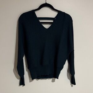 Pink Rose Ribbed V-Neck Sweater in Deep Teal